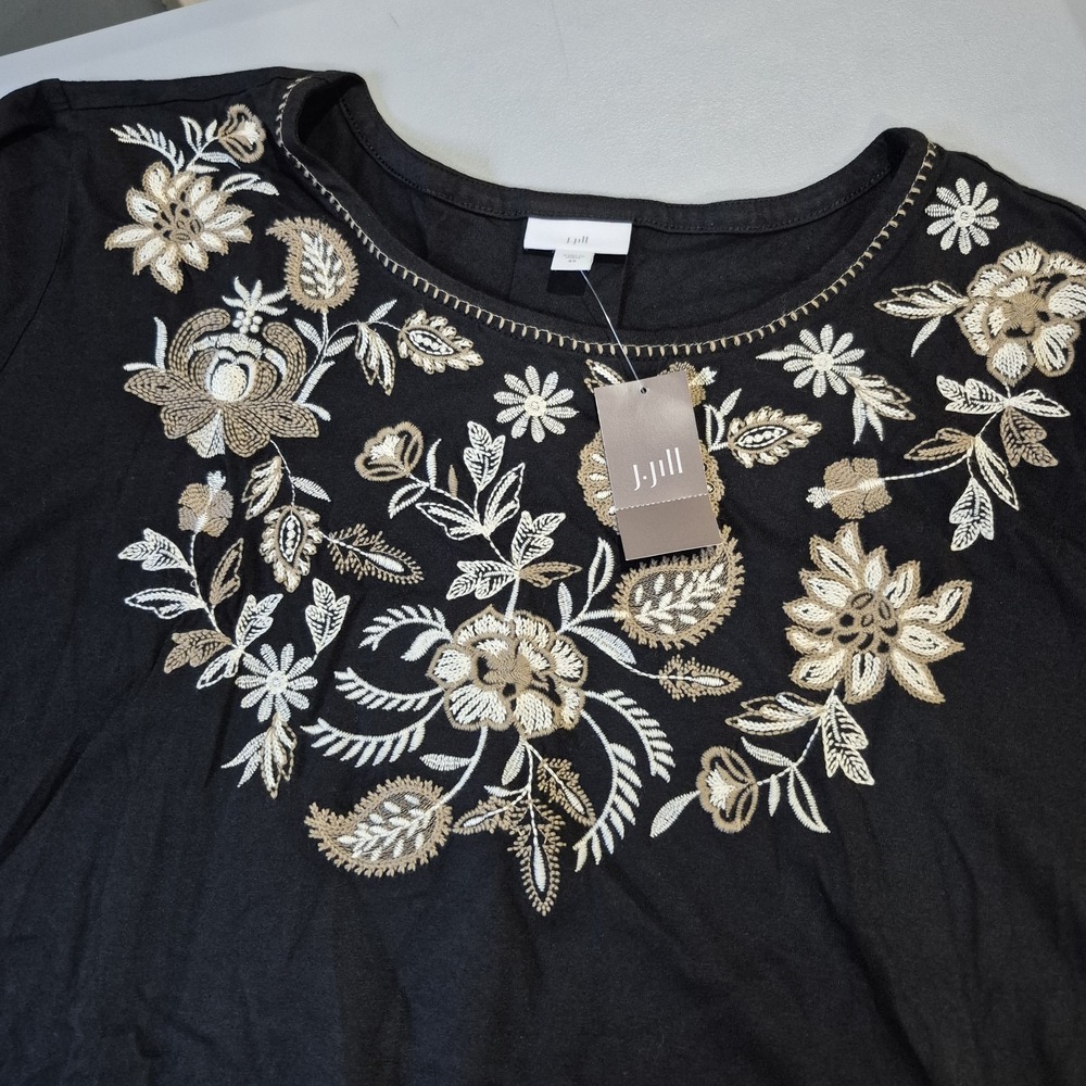 J. Jill Top Womens 4X Black Floral Embroidered Peasant Boho Cotton Modal Tencel